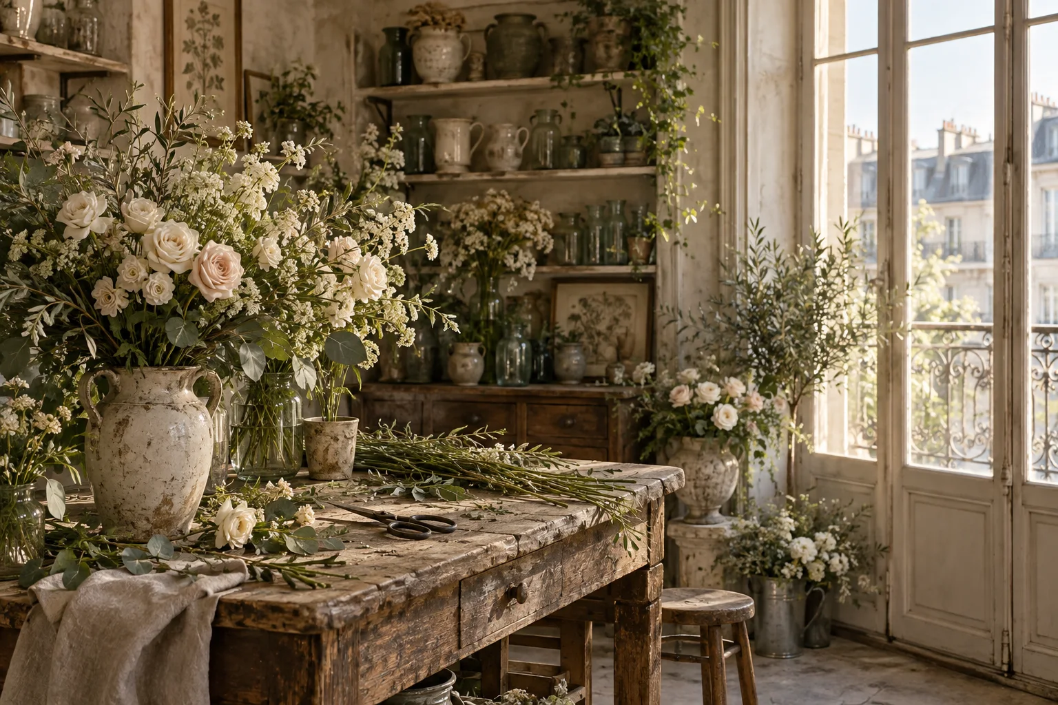 Atelier d’inspiration généré : établi en bois, vases et bouquets près d’une fenêtre