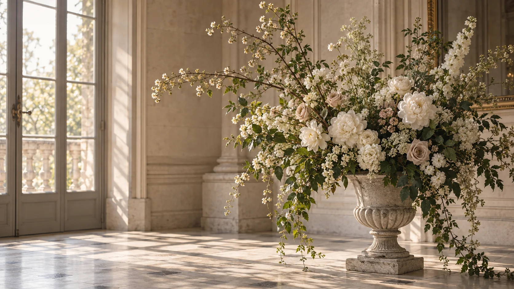 Grande composition florale ivoire dans un intérieur en pierre