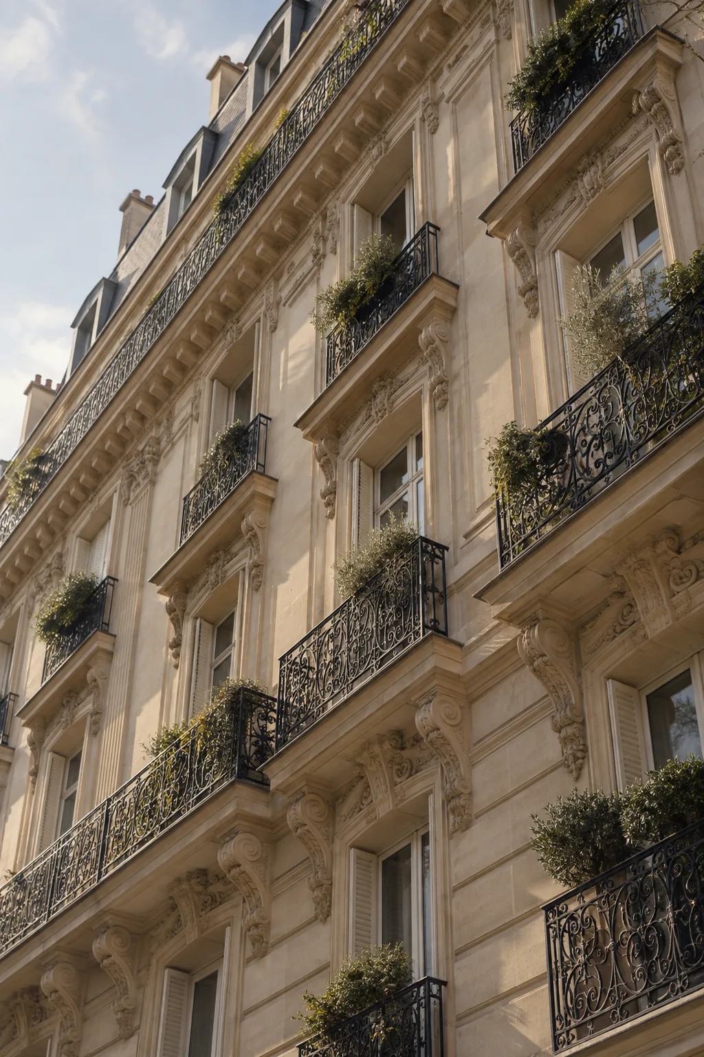 Façade parisienne en pierre et balcons en fer forgé