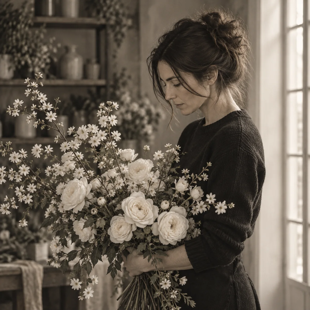 Portrait d’inspiration généré : une créatrice florale tenant un bouquet dans son atelier
